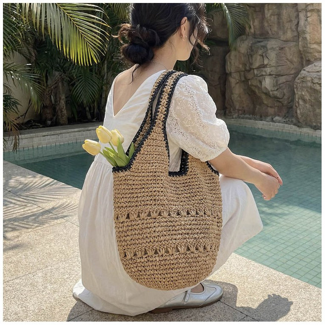 모델엄마 검정 테두리 데일리 라탄 빅사이즈 숄더백(2colors)