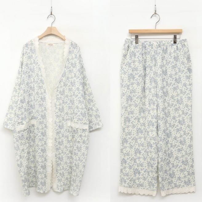 남녀공용 순면 이중지 로브가운 상하세트 샤워가운 커플홈웨어, 1세트, 로즈블루 레이스 L