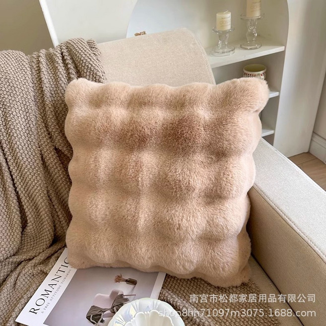 仿兔絨毛抱枕 北歐風雙面絨毛方形抱枕 含枕芯 45x45cm 卡其色, 卡其 雙面絨+枕芯45x45cm