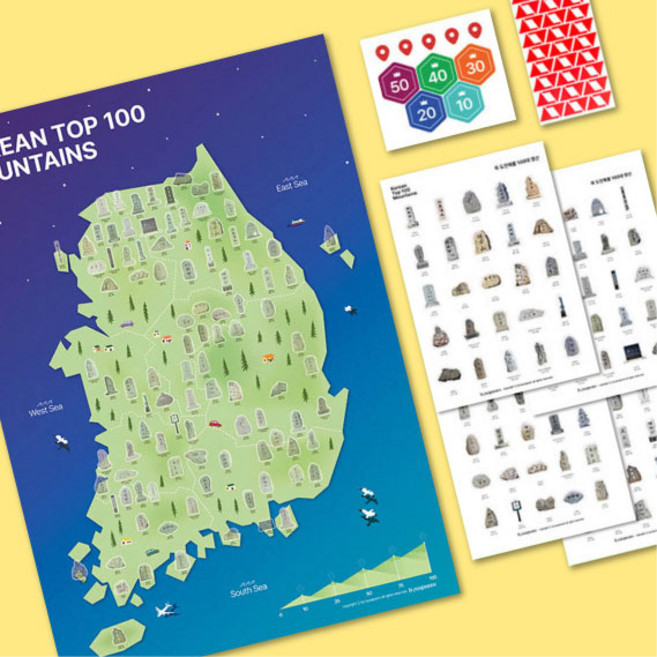 리빙릿 100대 명산지도 포스터 등산 국립공원 트래킹 산악 동호회 선물, 포스터 세트(지도+정상석스티커)
