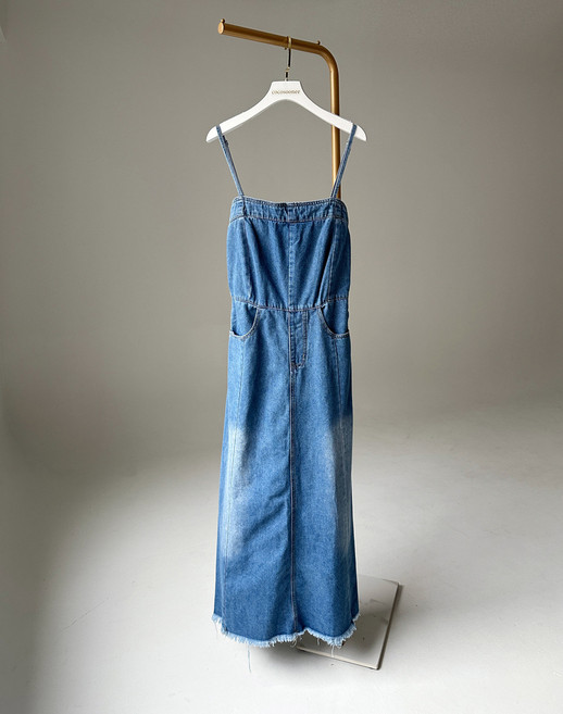 【復古一字領】吊帶連衣裙 牛仔連衣裙 連衣裙 吊帶裙 牛仔裙 修身顯瘦 高腰A字裙 夏季度假 約會穿搭, 藍色