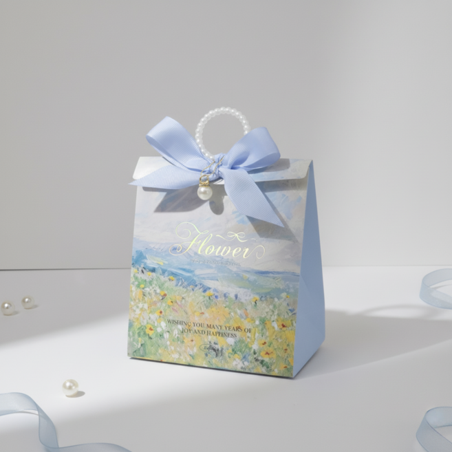 수달몽 고급스러운 진주링 리본 장식 포장 상자 답례품 선물상자 구디백 10P, 10개, 블루