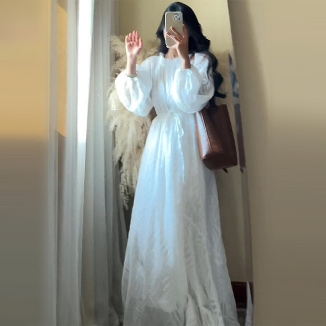 DIU 新款春季流行白色長袖連衣裙子溫柔風氣質絕美法式長裙女, L