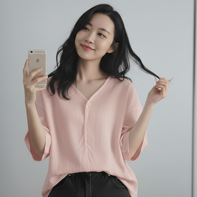 데일로엔 여성 여름 브이넥 오버핏 빅사이즈 반팔 티셔츠