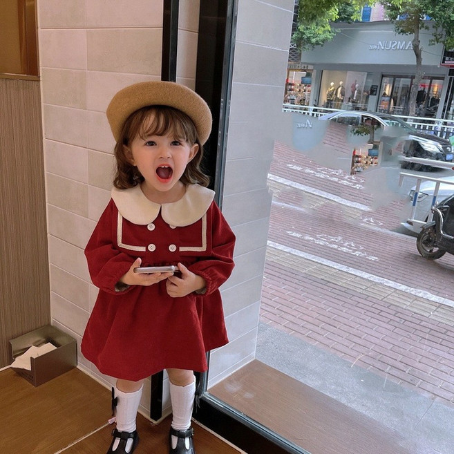여아 아동 유아 레드 둥근 카라 포인트 겨울 원피스