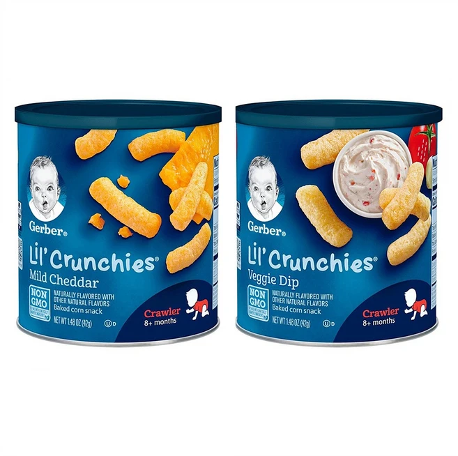 Gerber Lil Crunchies Mild Cheddar 거버 릴 크런치 마일드 체다 앤 베지 딥 스낵팩 1.48oz(42g) 8팩, 체다치즈, 42g, 8개 - 쿠팡