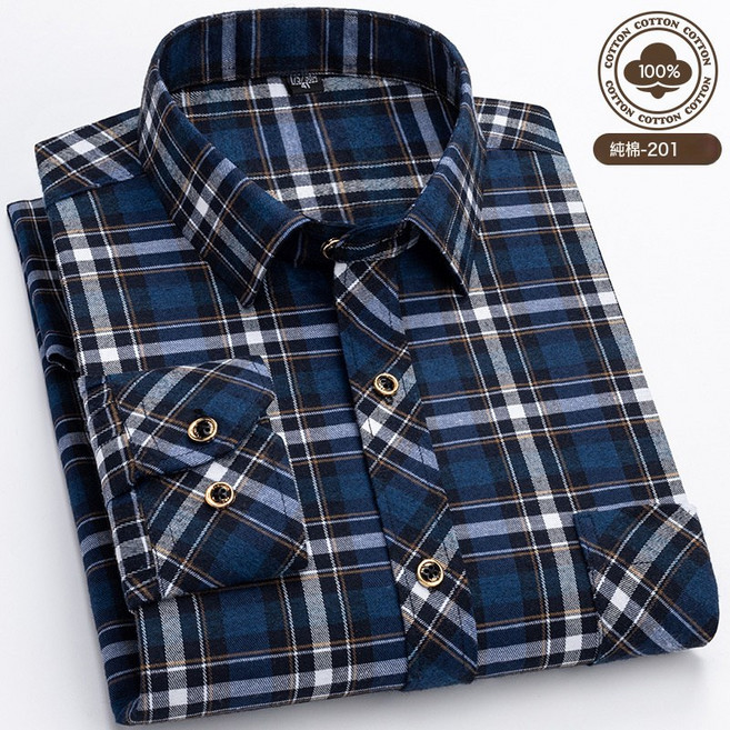 春秋新款男士寬鬆長袖襯衫中青年格子休閒免燙磨毛襯衣