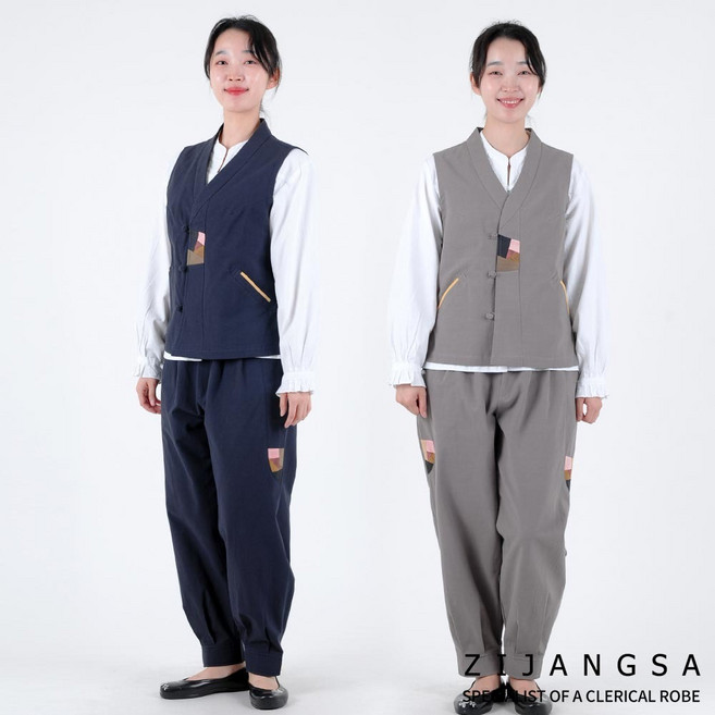 [3054] 슬라브 조끼 바지 생활한복 / 한복 2피스 한벌 세트 봄가을 개량한복 여자 여성 보살님 절복 법복 사찰복 템플스테이 지장사