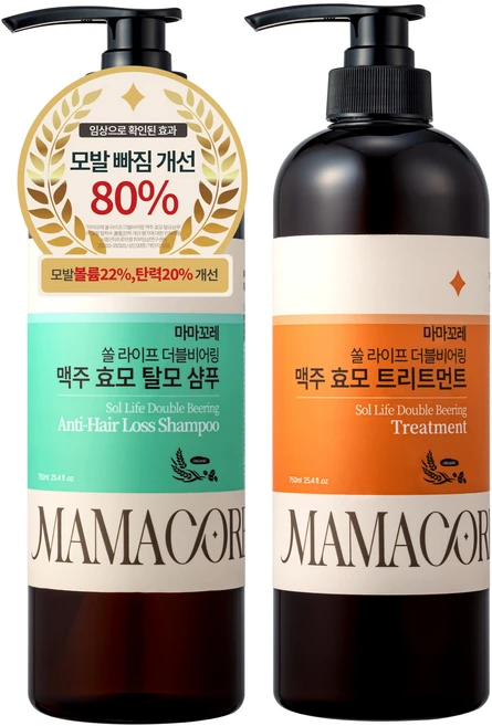 마마꼬레 더블비어링 맥주효모 카페인 탈모 완화 기능성 샴푸+LPP 단백질 트리트먼트 플로랄머스크향 세트 750g +750g, 1세트 - 쿠팡