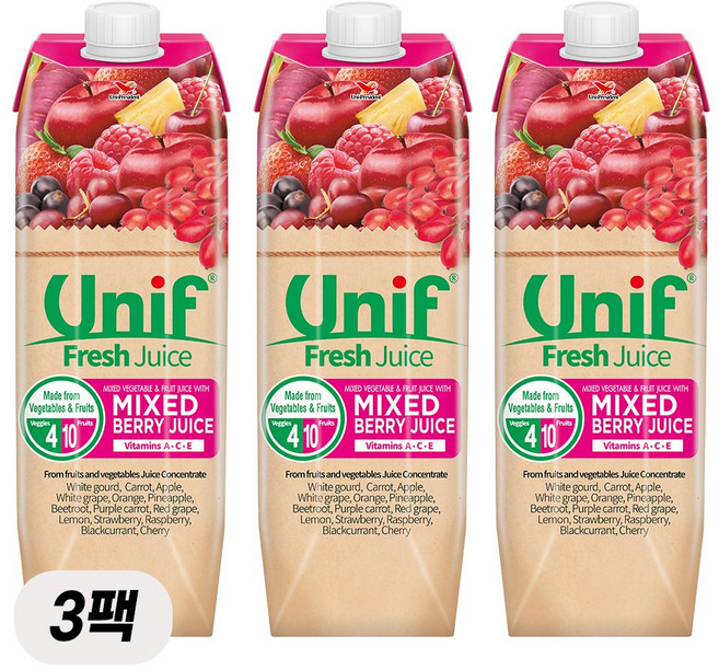 유니프 믹스 베지터블 앤 프루트 베리 주스, 1L, 3개