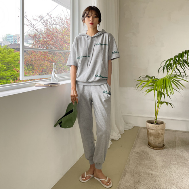 SET미키 전판레터 반팔 후드 트레이닝세트