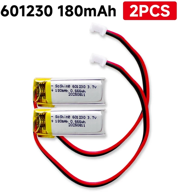 Soshine 601230 180mAh 리포 충전식 배터리 3.7V 리튬 이온 폴리머 TWS 블루투스 헤드셋 녹음기 펜 MP3용, 03 180mah battery 2pc, 01 3.7V용