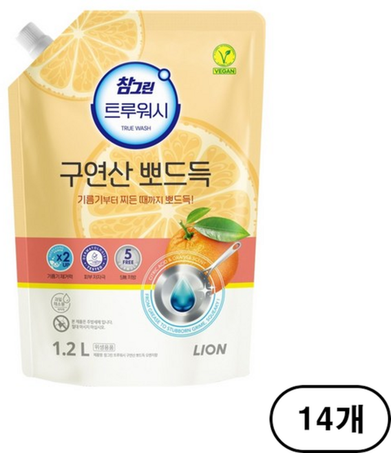 참그린 트루워시 구연산 오렌지 뽀드득 주방세제 리필, 14개, 1.2L