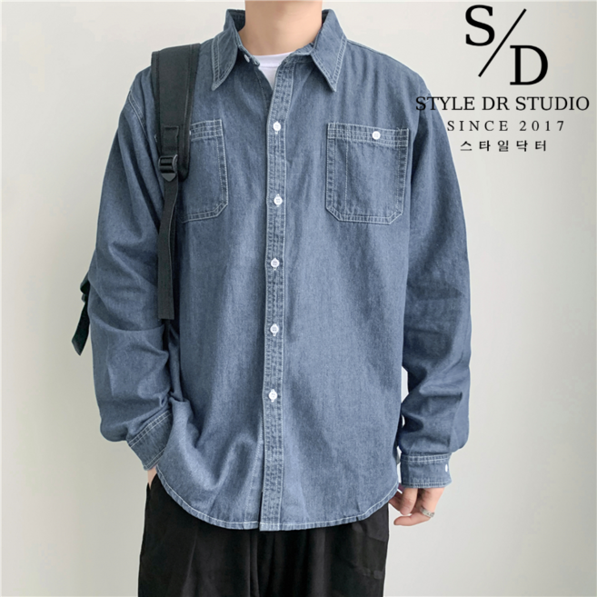 스타일닥터 남성 데님셔츠 오버핏 워싱 청남방 투포켓 긴팔 루즈핏 자켓 캐주얼 데님 코트