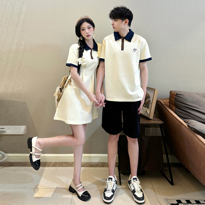 휘잇 하트 카라 반팔 커플 시밀러룩 휴양지 미니 원피스