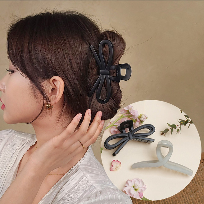 초콜리트쥬얼리 [단독구성] 2개 1세트 랜드 무광 블랙 호피 올림머리 헤어 집게 리본핀 - 2color