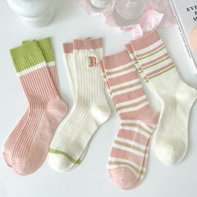 럽니드삭스 4종세트 여성용 핑크배색 스트라이프 양말