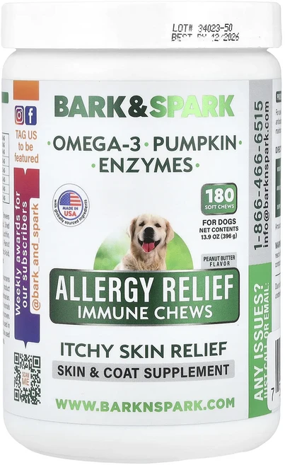 헁복하고 건강하세요 Bark&Spark Allergy Relief Immune 츄 가려움 피부 완화 반려견용 땅콩 버터 소프트 츄 180개 396g(13.9oz) 늘 챙기셔야합니다, BarkSparkAllergyReliefImmune츄가 - 쿠팡