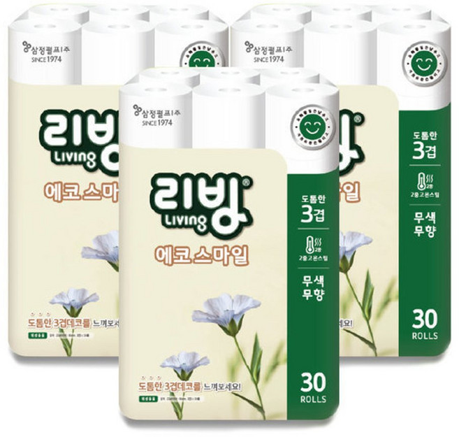 삼정펄프 리빙 에코스마일 3겹 22m 30롤 x 3팩 /화장지/휴지, 3개