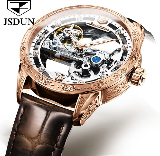 JSDUN 남성 명품 오토매틱 기계식 가죽 손목시계 특이한 디자인 방수 야광 - 8917