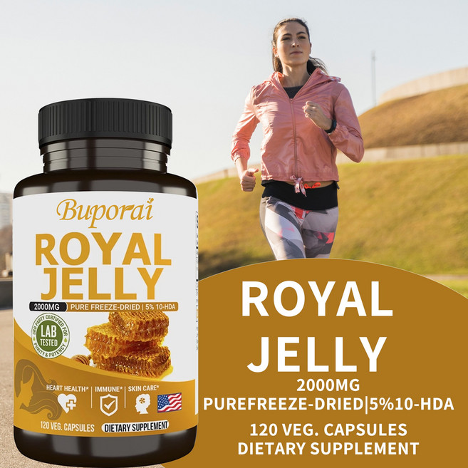로열젤리 2000mg - 5% 10-HDA 함유 순수하고 신선한 비유전자변형 동결건조 벌꿀 로열젤리 - 면역력 활력 피부 관리 지구력 증진을 위한 유기농 콜라겐 보충제, 1개, 60정