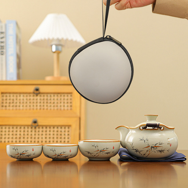 汝窯葫蘆旅行茶具套裝 陶瓷便攜式快客杯 戶外泡茶手抓壺功夫茶具, 寶瓶壺汝窯旅行茶具--竹韻, 詳情, 1個