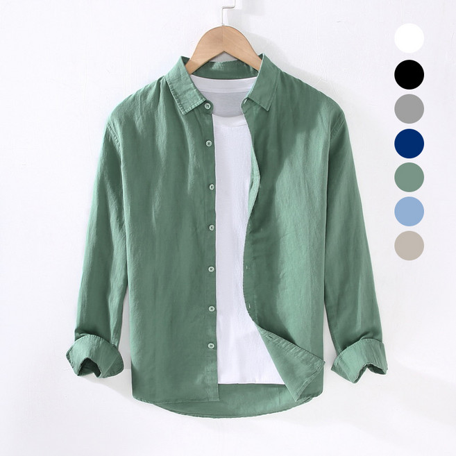 남자 남성 루즈핏 리넨 셔츠 탄탄핏 얇은 헨리넥 긴소매 셔츠 정장셔츠 캐주얼 셔츠 코트 YHY