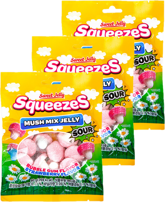 SweetJelly 스퀴즈 머쉬 믹스 젤리 사우어 버블검향 앤 딸기향, 80g, 3개