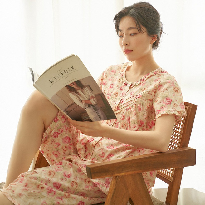 메이플라워 로열장미 반팔 순면 여성 빅사이즈 잠옷 홈웨어 세트