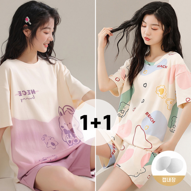 1+1 여성 여름 캡내장 잠옷 세트 귀여운 동물 홈웨어 반팔 반바지 파자마 세트