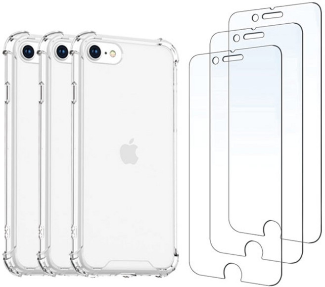 스톤스틸 아이폰 SE3 들뜸 없는 강화유리 액정 보호 필름 3장 + 투명 TPU 범퍼 방탄 젤리 보호 케이스 3개, 1세트