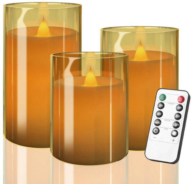 Flameless 깜박이는 LED 촛불 세트 크리스마스 w n 웨딩 조명을위한 전등 갓 Te ght와 3D 전자 양초, 3PC Gold, 1 Set, 골드