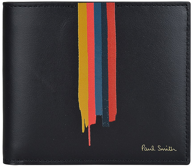 PAUL SMITH 燙金LOGO彩繪條紋設計牛皮8卡對折短夾