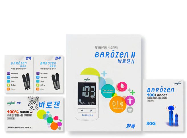 바로잰 혈당 시험지 100매 +바로젠 2 측정기+채혈침100매+알콜솜100매, 1개, 1세트