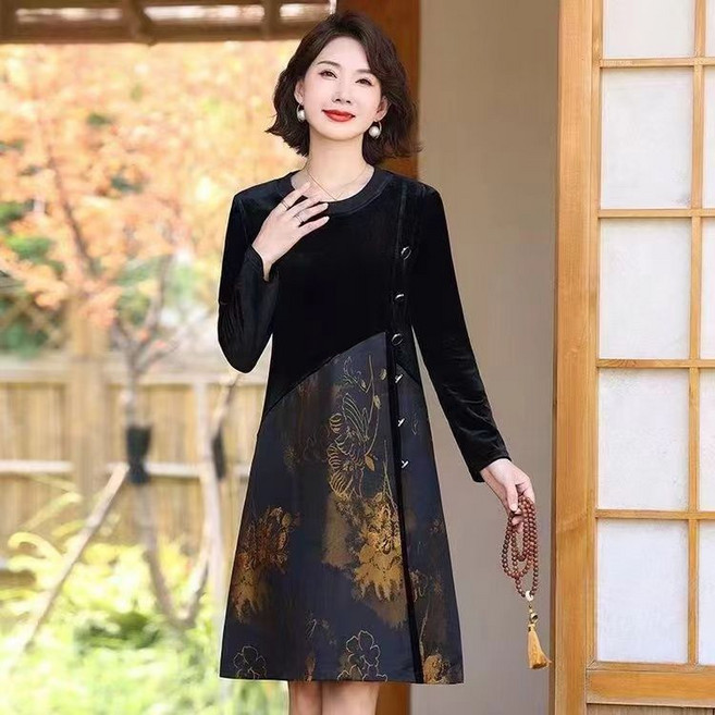 봄 가을 중년 여성 긴팔 원피스 캐주얼 하객룩 엄마옷 슬림핏 미디 스커트 기질 패치워크 라운드 원피스 CY