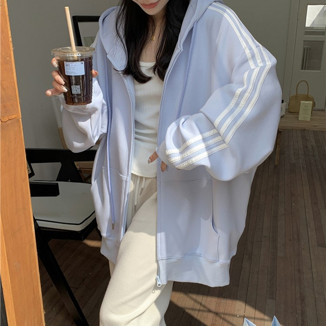 예쁨시전 빅사이즈 오버핏 봉봉 학생 교복 라인 긴팔 후드 집업