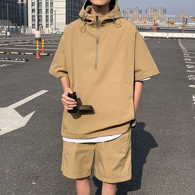 남성 여름 바람막이 후드 반팔 반바지 세트 캐주얼 오버핏 아노락 투피스 데일리 야외 활동 상하의