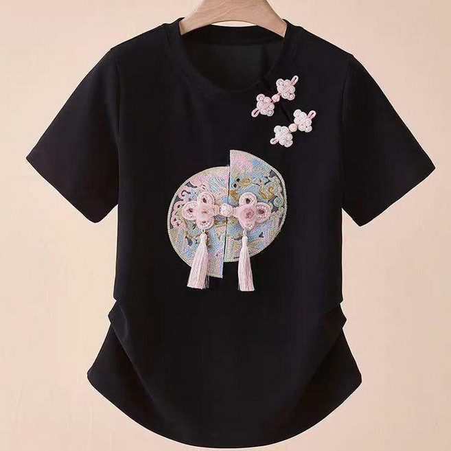 新中式梅花刺繡短袖T恤 白色 顯瘦大碼女上衣 媽媽裝