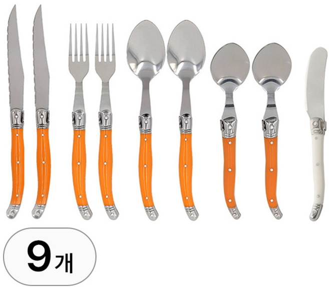 9종 커트러리 세트 2인 용 감성 고급 스텐 양식기 포크 나이프 스푼 스테이크 칼 파스타 디저트 양식 디너 주방용품, R99629O(오렌지, 1개