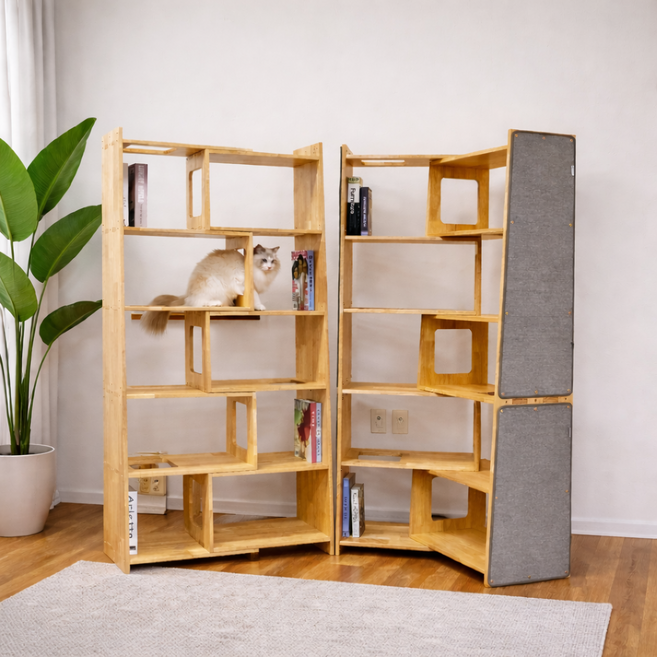 고양이캣타워 원목 폭조절 가변형 책장형 6단 대형 모던, 1개, (기본)자작나무_내츄럴/직집조립(착불)