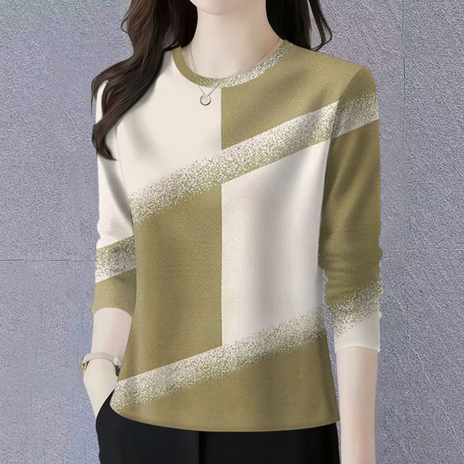 중년 여성 긴팔 티셔츠 봄 가을 풀오버 긴팔티 루즈핏 패치워크 라운드넥 상의 RSH