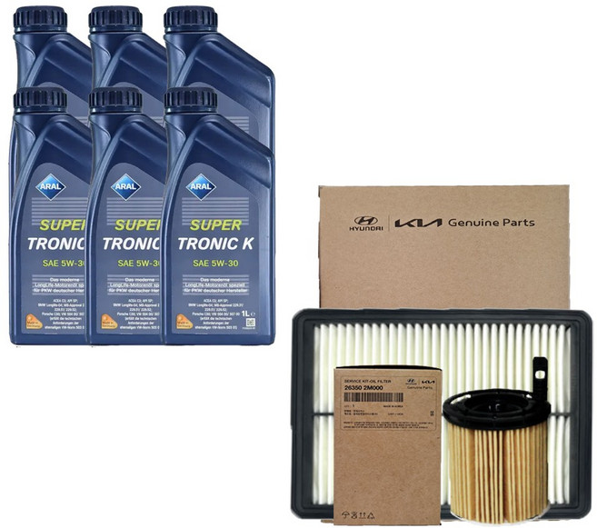 투싼 NX4 2.0 디젤 아랄 수퍼트로닉 K 5W30(6L)SP/C3 엔진오일 순정 필터세트 2R000-N9000, 1개