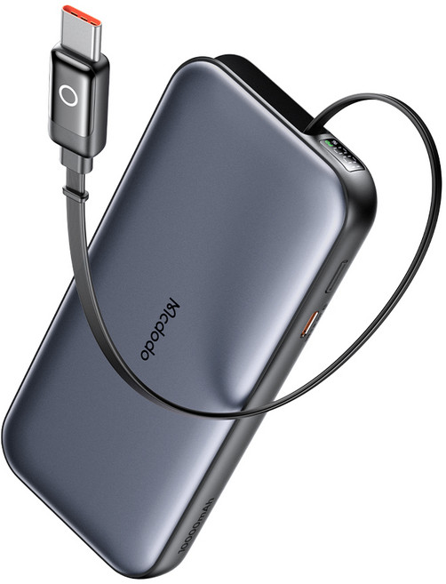 Mcdodo伸縮線行動電源 10000mAh 45W 雙Type-C接口 數位顯示 鋁合金外殼, 槍黑色, MC592