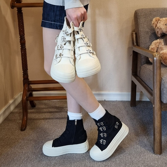 [당일출고] 하이탑 키높이 9cm 벨트 버클 통굽 패브릭 하이탑 운동화