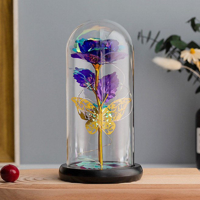 Clybo 유리커버 영생화 장미꽃 무드등 창의적 선물소품, 보라+나비+3잎(채색등)