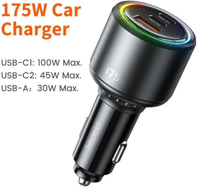Toocki 175W 3포트 호환 PD PPS QC4.0 차량용 시거잭 자동차 초고속 충전기, 블랙