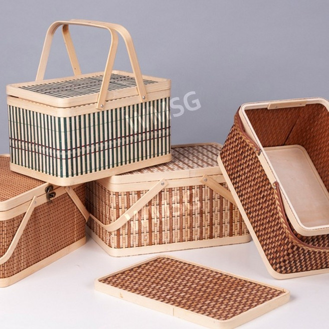대나무 피크닉바구니 사각 차박 캠핑 바구니 인테리어 소품 바스켓, 1개, 내츄럴