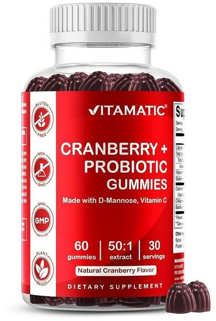 Vitamatic 비타마틱 크랜베리 D-만노즈 프로바이오틱스 비타민C 60구미 영양제, Vitamatic 60 Count (Pack of 1) - 쿠팡