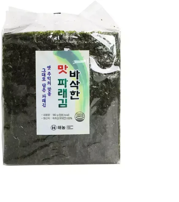 해농 맛 파래김 180g(100매)/ 무조미 바삭한 구운김 밥반찬 과메기 볶음요리 찜요리 매운음식 싸먹는김