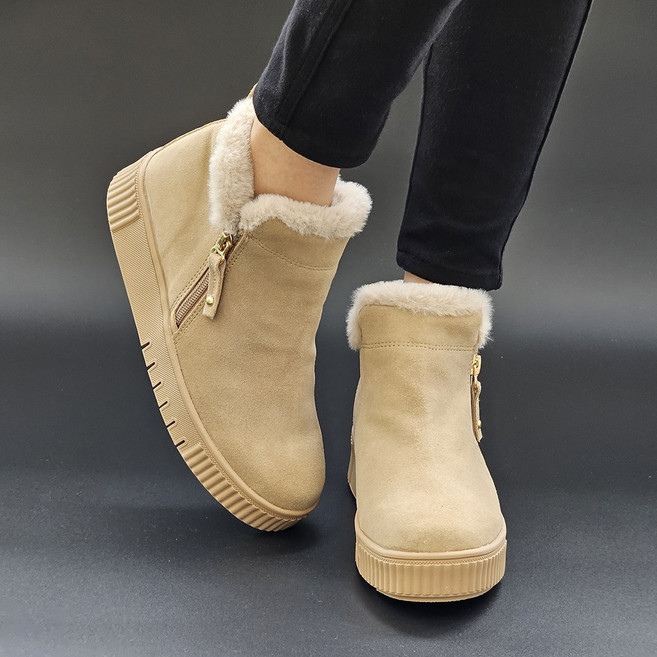 에버라스트 가죽 스웨이드 겨울 털 앵클 숏 부츠 여성 키높이 통굽 논슬립 퍼 방한화 여성방한화 여성방한부츠